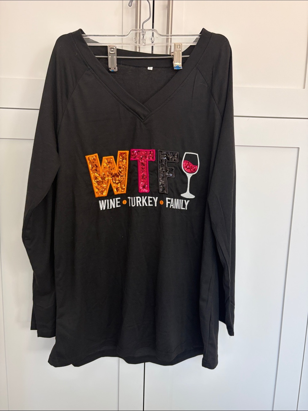 Women’s Long Sleeve V-Neck Tee - Black with Sequin 'WTF' Design